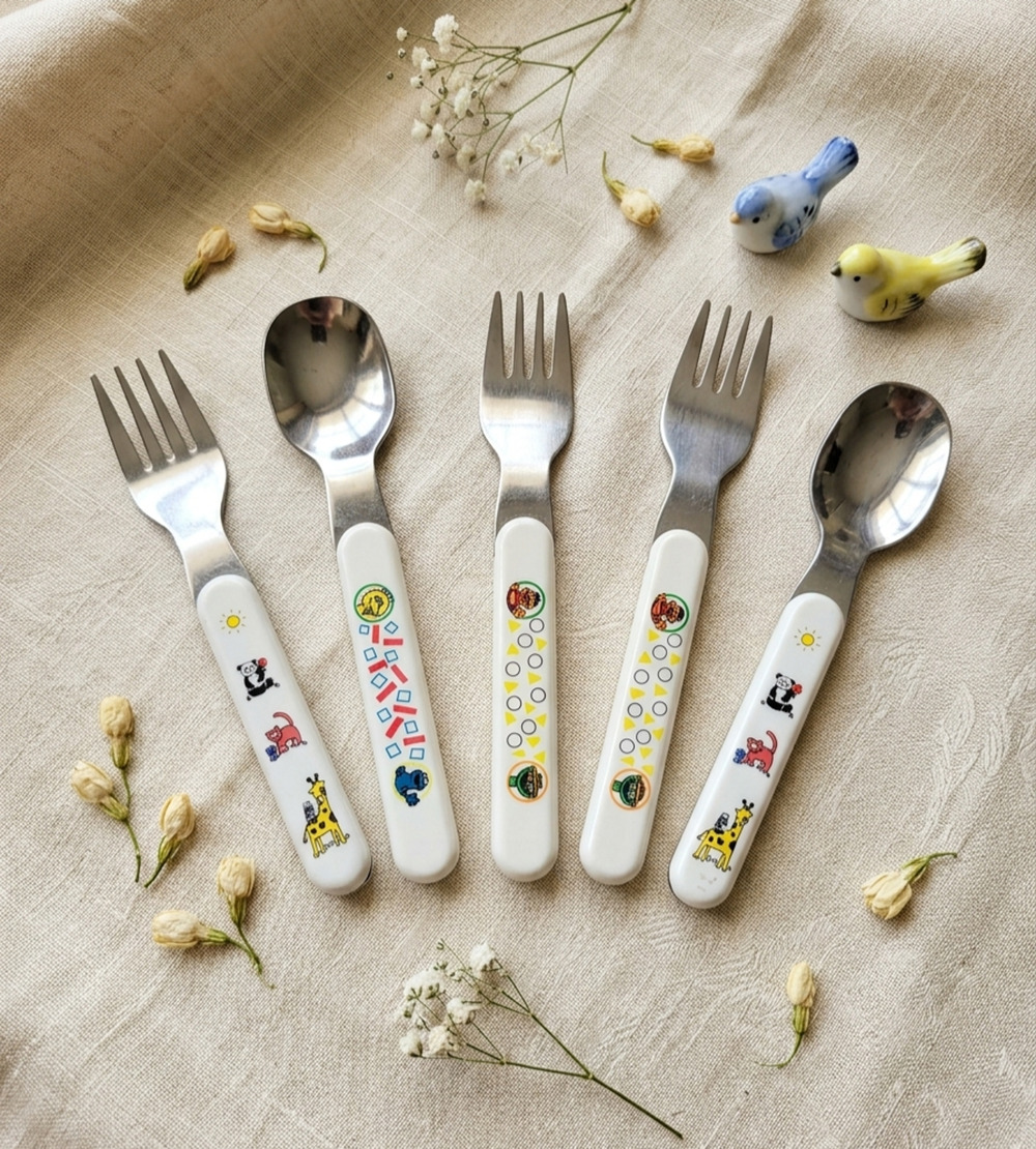 Vintage Kids 5-Piece Flatware Set Cute Animal & Shape Patterns Spoons & Forks